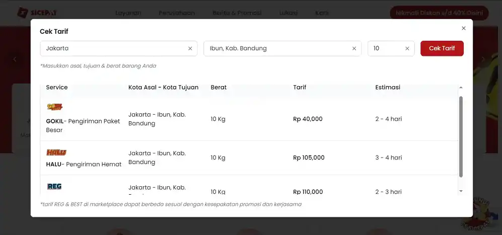 Hasil Cek Ongkir